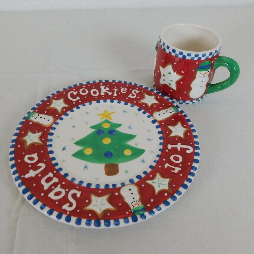 Lady Jayne Santa Cookie Plate and Mug Set 2003 Christmas Eve Tree Snowman Star